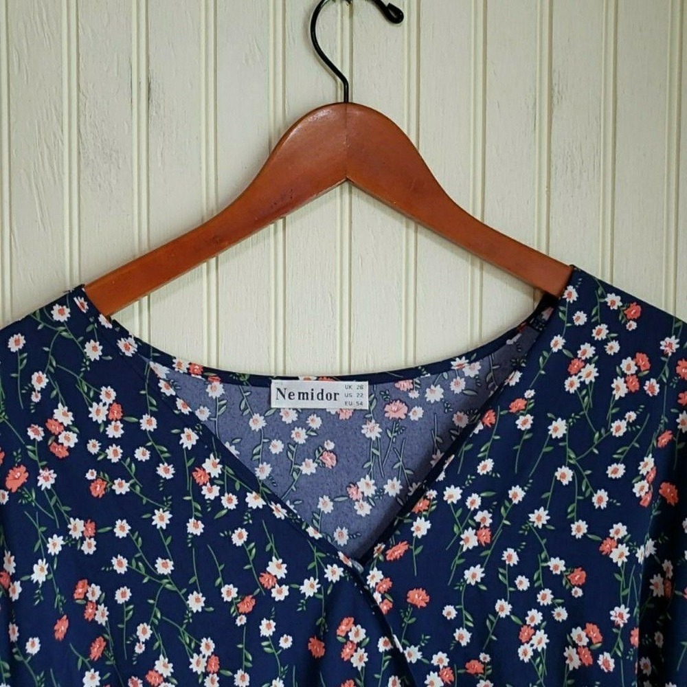 Nemidor Dress Womens 22 Blue Floral Short Sleeve Fit &‎ Flare Knee Sundress